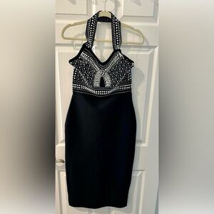 Chic Black and White Halter Midi Dress